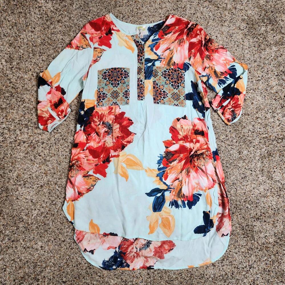Fig and Flower Blouse Womens Large Blue Sheer Floral lightweight 3/4 Sleeves